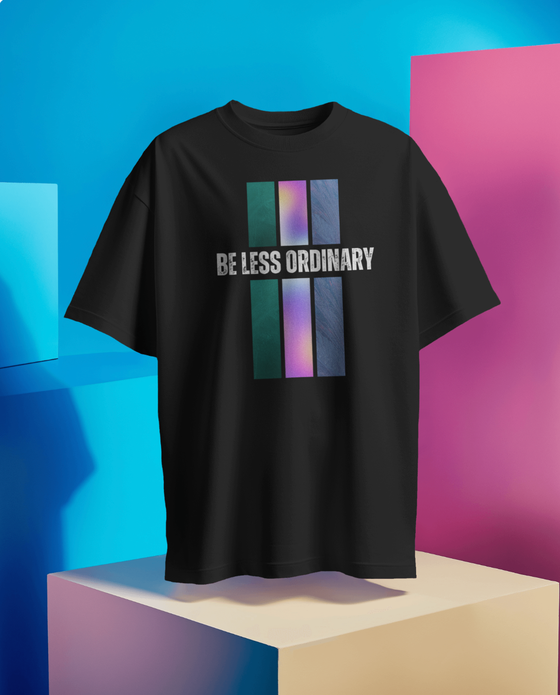 Black t-shirt with 'BE LESS ORDINARY' design